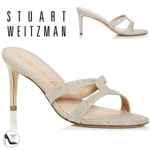 Stuart Weitzman Soiree Sleek 75 Slide Sandals Stiletto Heel Silver Leather Pumps